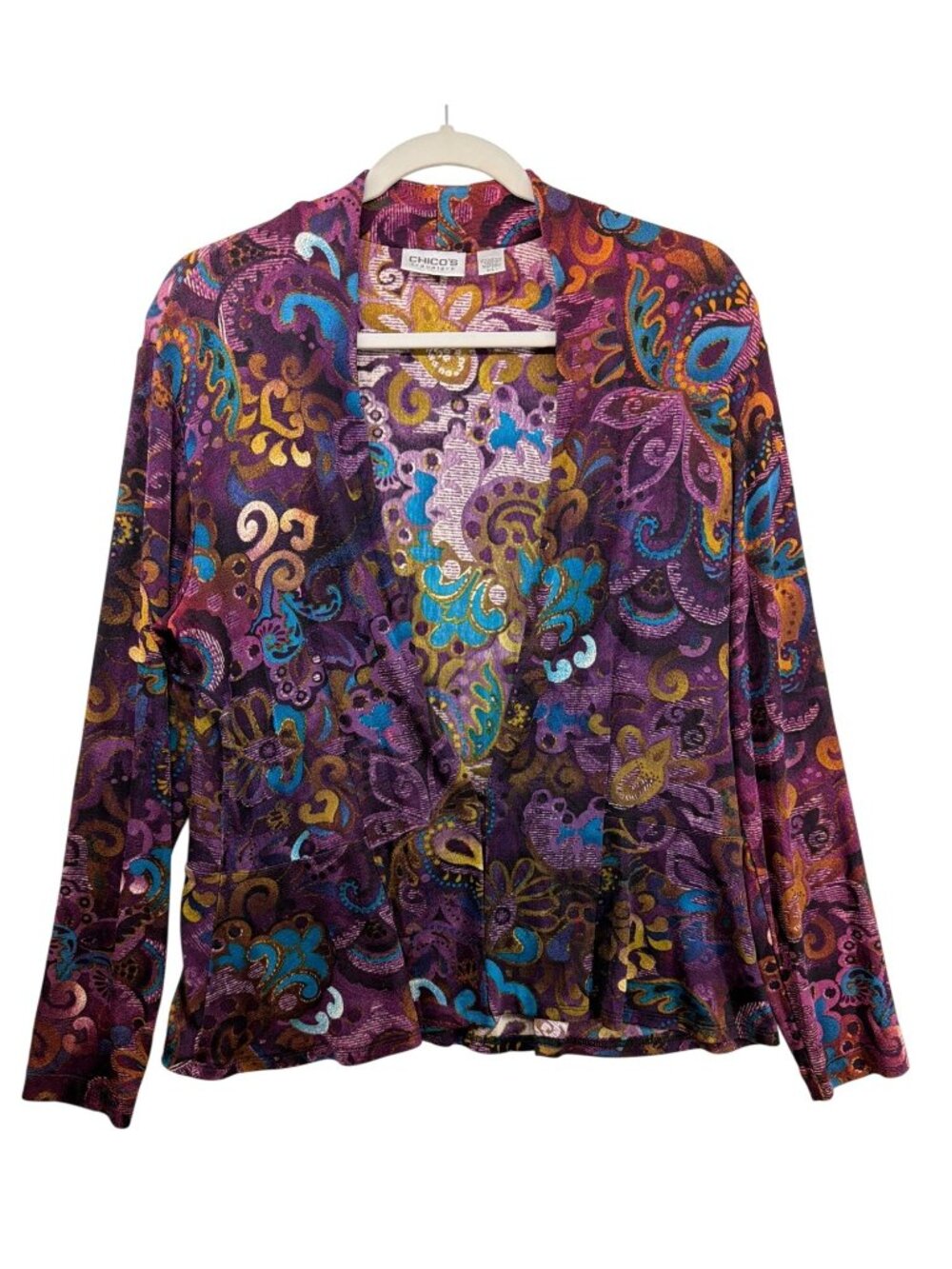 Chicos Travelers Womens Cardigan Sz 1 (M) Purple Paisley Boho Slinky Long Slv